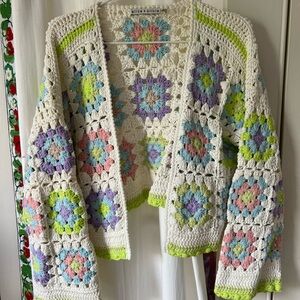 Alice + Olivia White and Green Crochet Cardigan